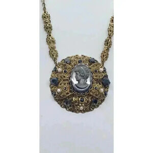 Vintage WEST GERMANY Filigree Black Cameo Necklace Faux Pearl rhinestones